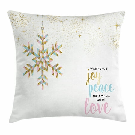 Peace Love Pillows Joy Throw Pillow Cushion Cover, Christmas Pattern with Polygonal Snowflake with Peace Love Quote Ornate, Decorative Square Accent Pillow Case, 16 X 16 Inches, Gold Baby Pink Pale Blue, by Ambesonne ()