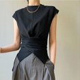 thumbnail image 1 of Noir Col Rond Manches Courtes Été Design Haut de Gamme Niche Croisé Pur Coton Ajusté Style Court Uni, 1 of 9