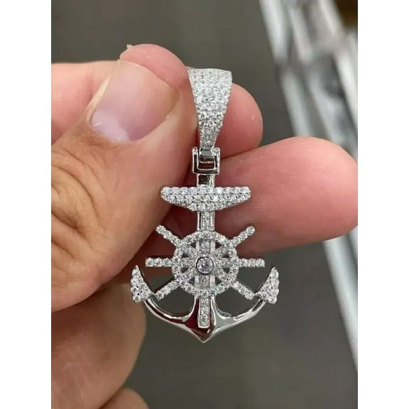 Aishvi Jewels 1.20 Ct Real Moissanite Men's Anchor Pendant Charm 14K White Gold Plated Silver 18'' Free Chain