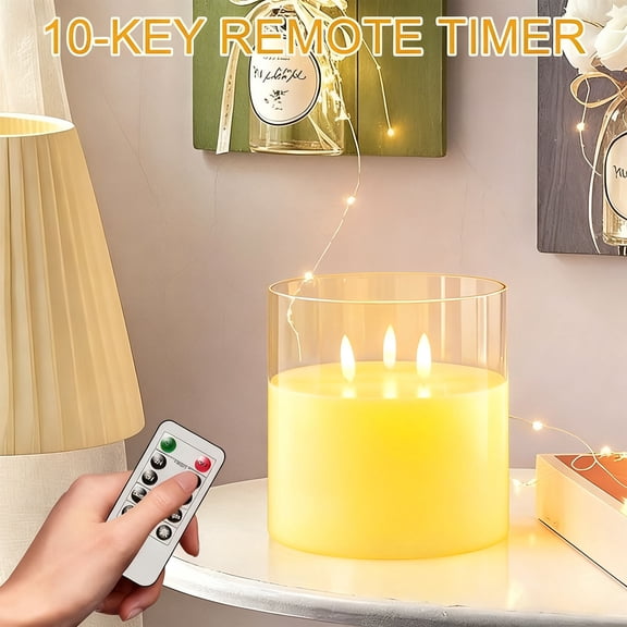 Flameless Candles, 3 Wick Electric LED Light Candle, Flickering Battery Operated LED Pillar Candles with Remote Control and Timer, Clear Glass Fake Candle for Christmas Halloween Home Decor
