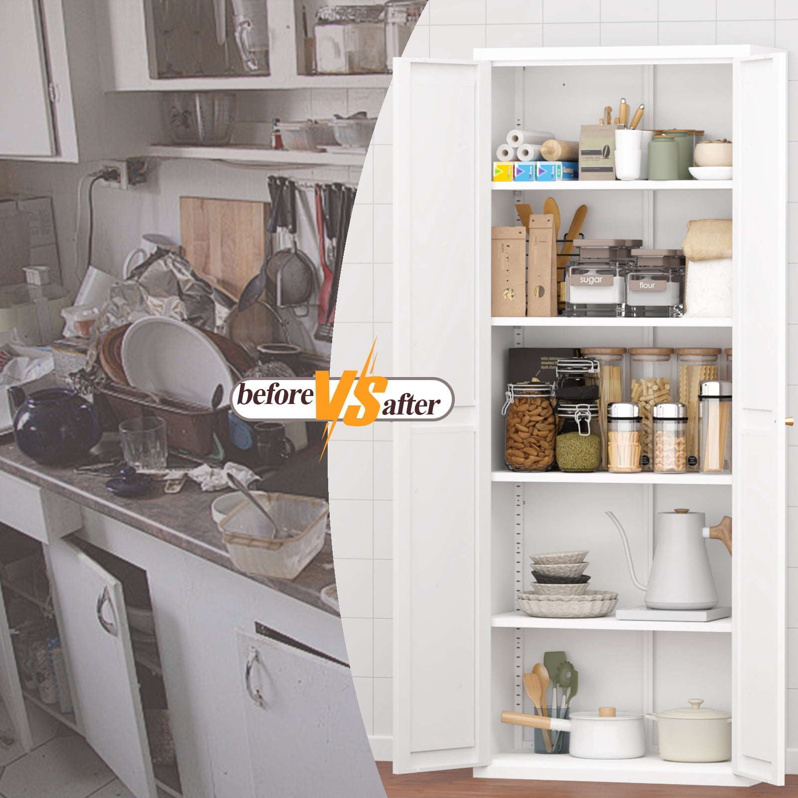 Adjustable 2 Doors Storage Cabinet, Kitchen Pantry Cabinet With Adjustable Shelves Tall Steel Cabinet Locker For Kitchen, Living Room, Dining Room and Office