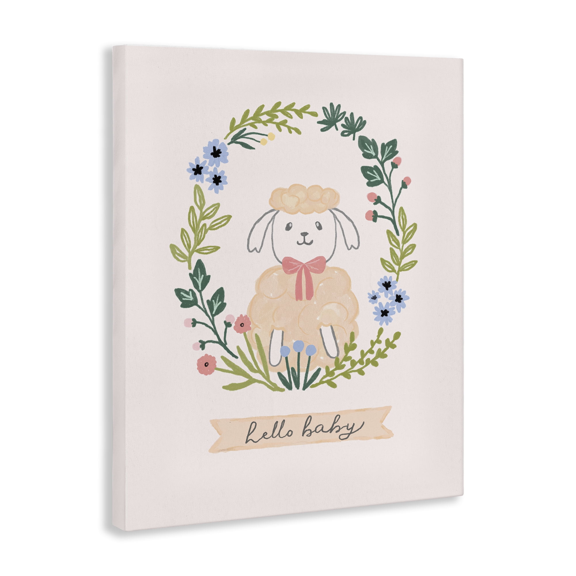 Stupell Industries Hello Baby Floral Lamb Animals Painting Wrapped Canvas Art Print Wall Art, 24 x 30