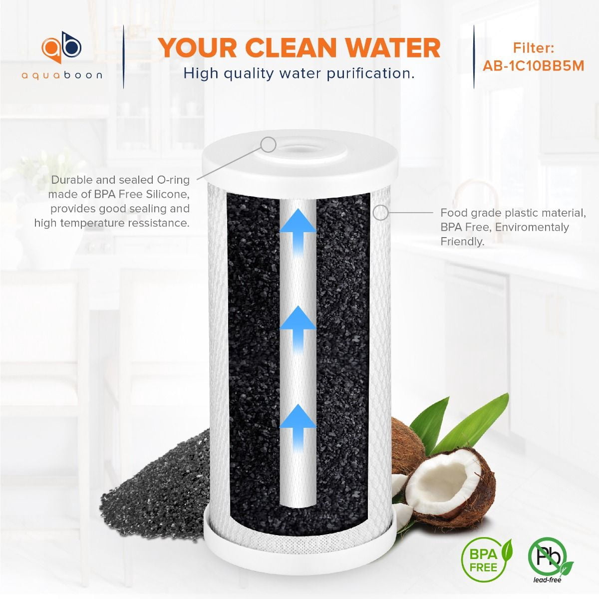 Aquaboon Coconut Shell Water Filter Cartridge | Activated Carbon Block CTO | Universal Whole House 5 Micron 10 inch Cartridge | Compatible with WFHDC8001, CB-BB-10, EPM, EP-BB 4-Pack