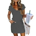 thumbnail image 2 of FAVIPT Dresses for Women Drawstring Elastic Waist Rompers Short Sleeve Vneck Plain Dress A-Line Fashion Summer 2025 Dress with Pockets Gray,S, 2 of 8