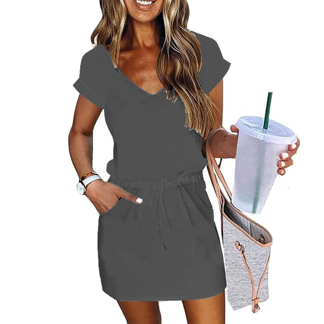 Pitauce Robe Courte à Cordon pour Femmes, Décontractée, Ample, T-Shirt, Été, Plage, avec Poches