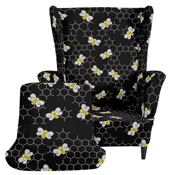 Jiueut Bee Honeycomb Print Wingback Chair Covers, 2 Pieces Wingback Chair Slipcover Thick Wing Back Chair Covers Slipcover with Arms Wing Back Chair Slipcovers with Elastic Bottom