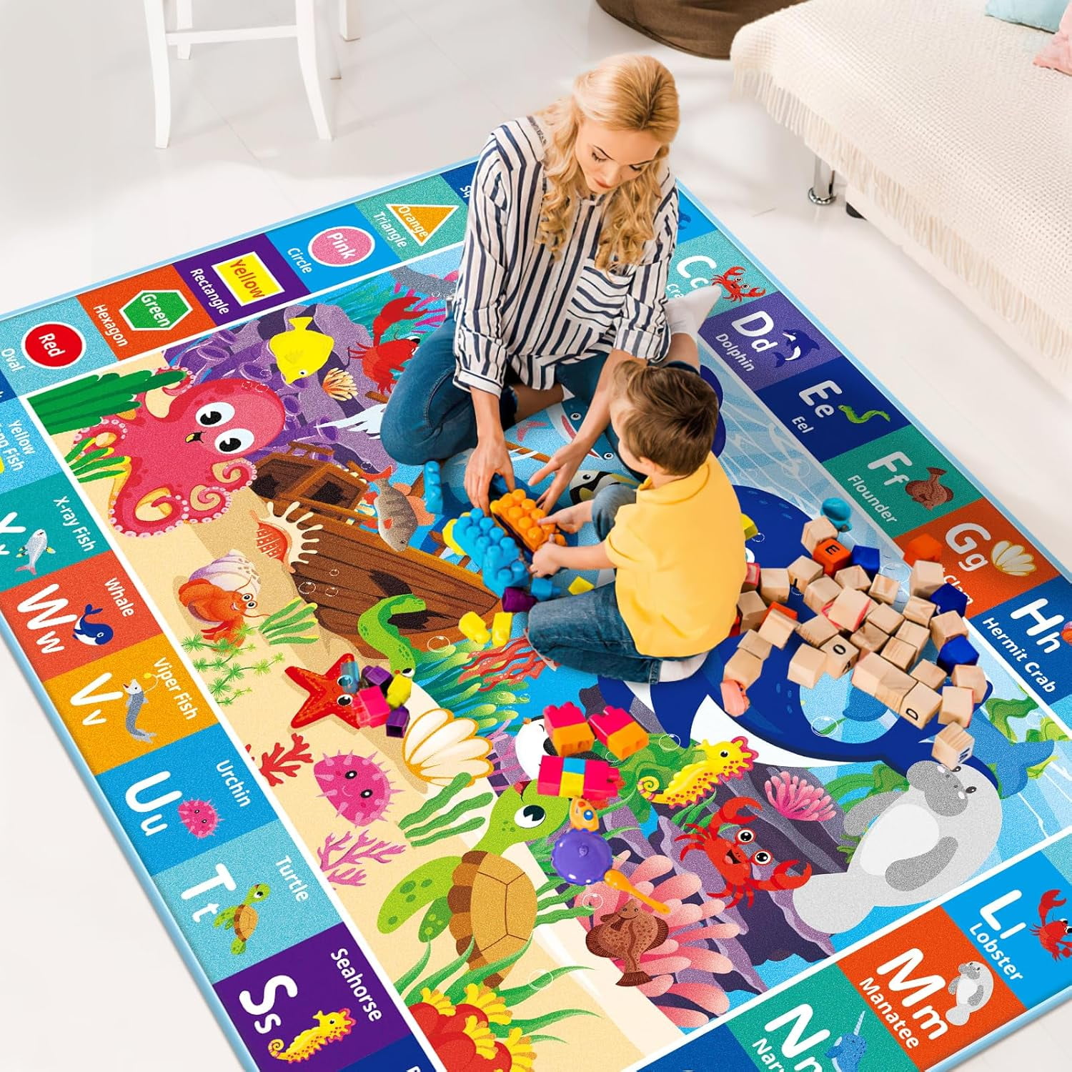 Baby Play Mat for Floor, Ocean ABC Kids Play Mat, Sea Animals Kids Rugs for Girls and Boys Playroom, Foldable Kids Rug Mat for Baby Toddler Infants Crawling Playing (78.7X59 INCH)