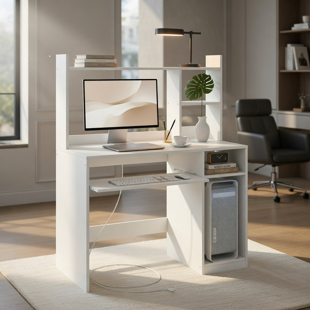 Yardi Yard Home Office Computer Desk with Bookcase Keyboard Tray and CPU Stand-White, Computer Desk, Gaming Computer Desks for Study,Working,Writing