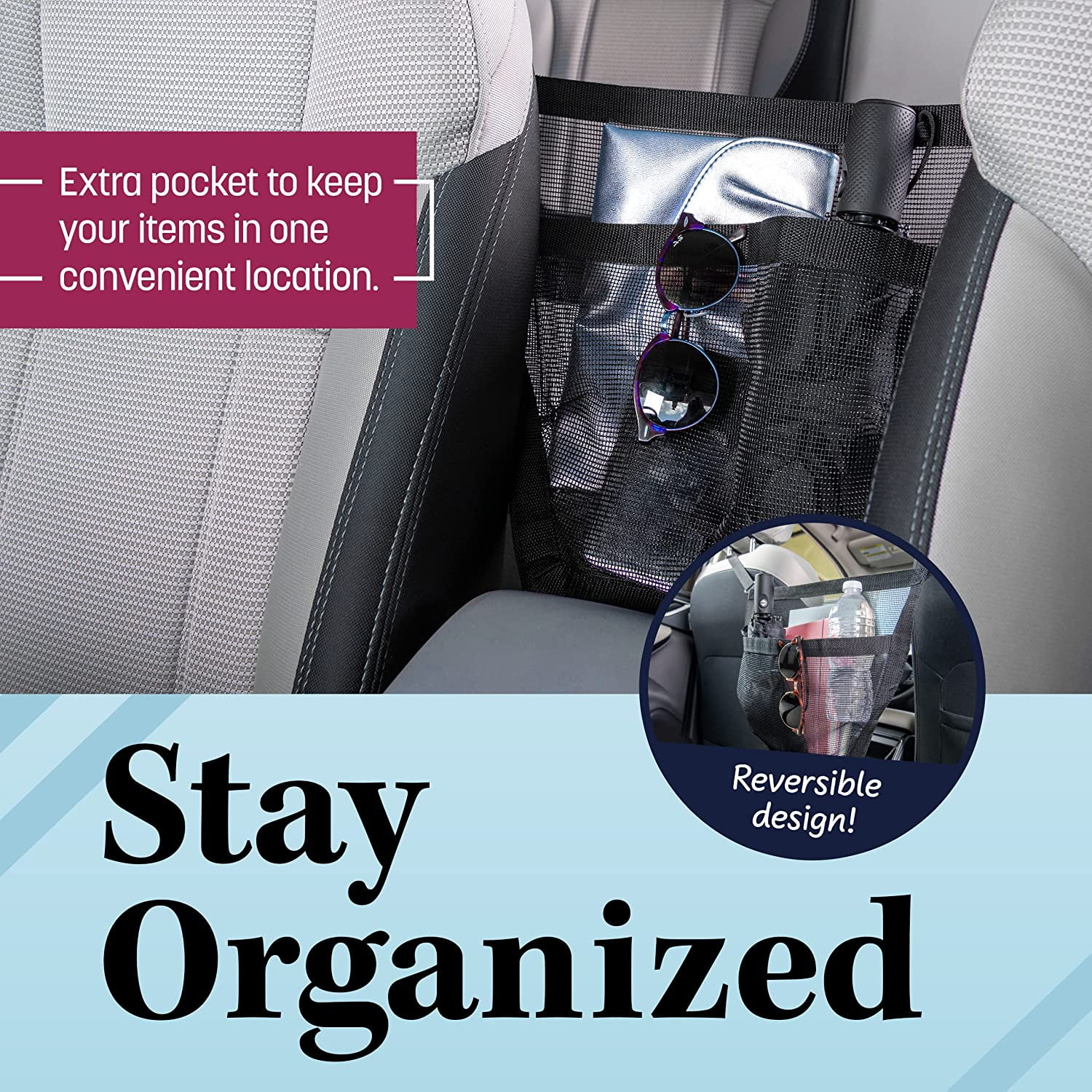 The Purse Net Car Net Pocket Handbag Holder Between Seats w/4 Grocery Bag  Headrest Hooks | Purse Holder for Car | Net Car Handbag Holder w/2 Cargo