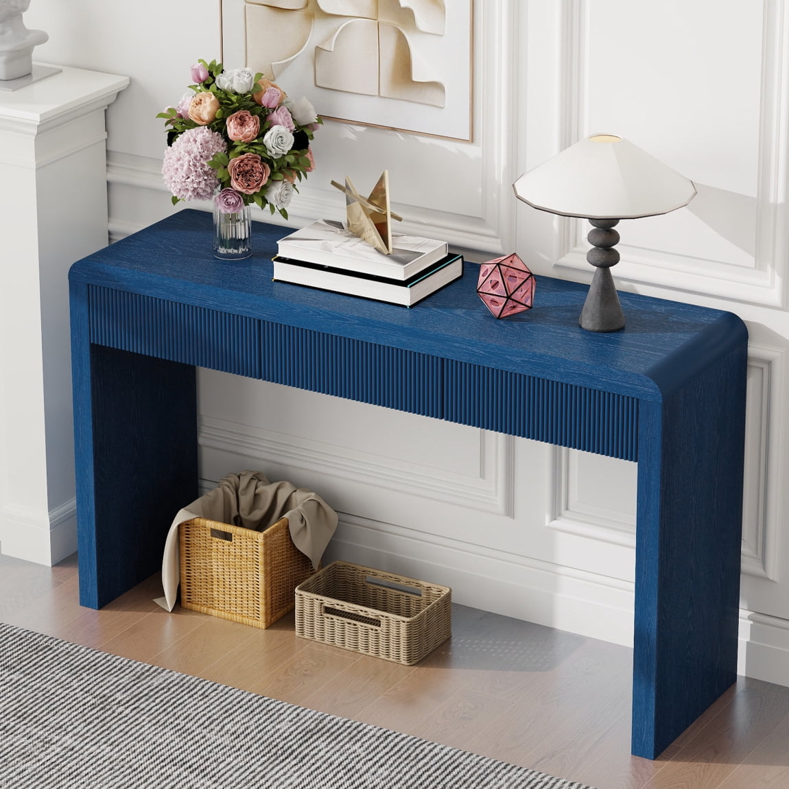 53 Inch Fluted Table for Entryway, Farmhouse Console Table with 3 Drawers and Adjustable Foot, Solid Wood Couch Tables Behind Sofa for Hallway, Living Room, Foyer, Navy