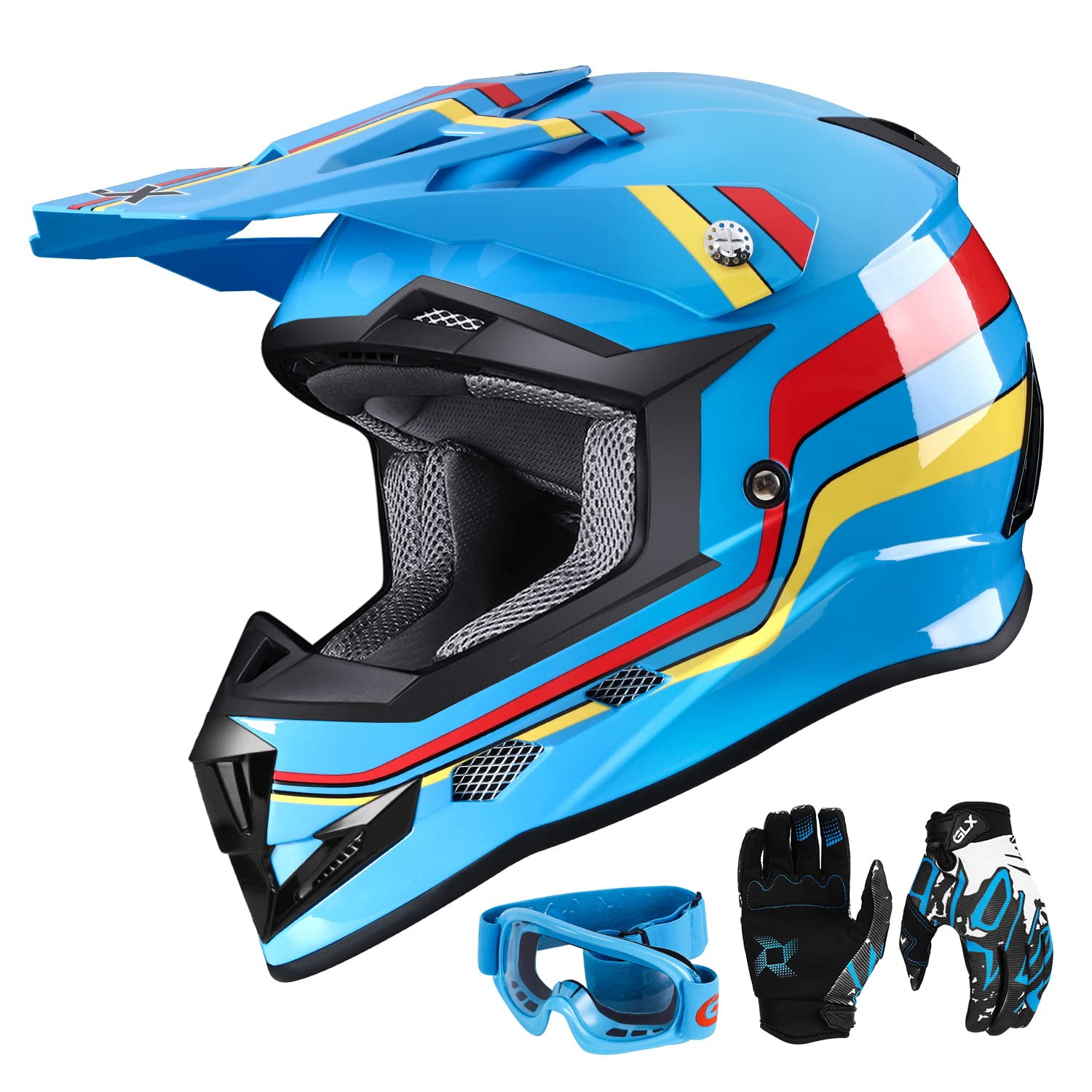 gLX gX623 DOT Kids Youth ATV Off Road Dirt Bike Motocross Motorcycle Full Face Helmet combo gloves goggles for Boys girls Retro Blue Large