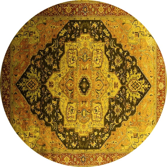 Ahgly Company Machine Washable Indoor Round Oriental Yellow Industrial Area Rugs, 4' Round