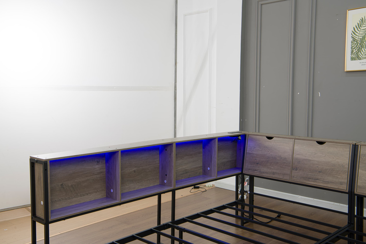 2 x Twin Size Metal Platform Bed Frame with Storage Headboard, Detachable Daybed with LED Lights, Drawers and Side Shelves