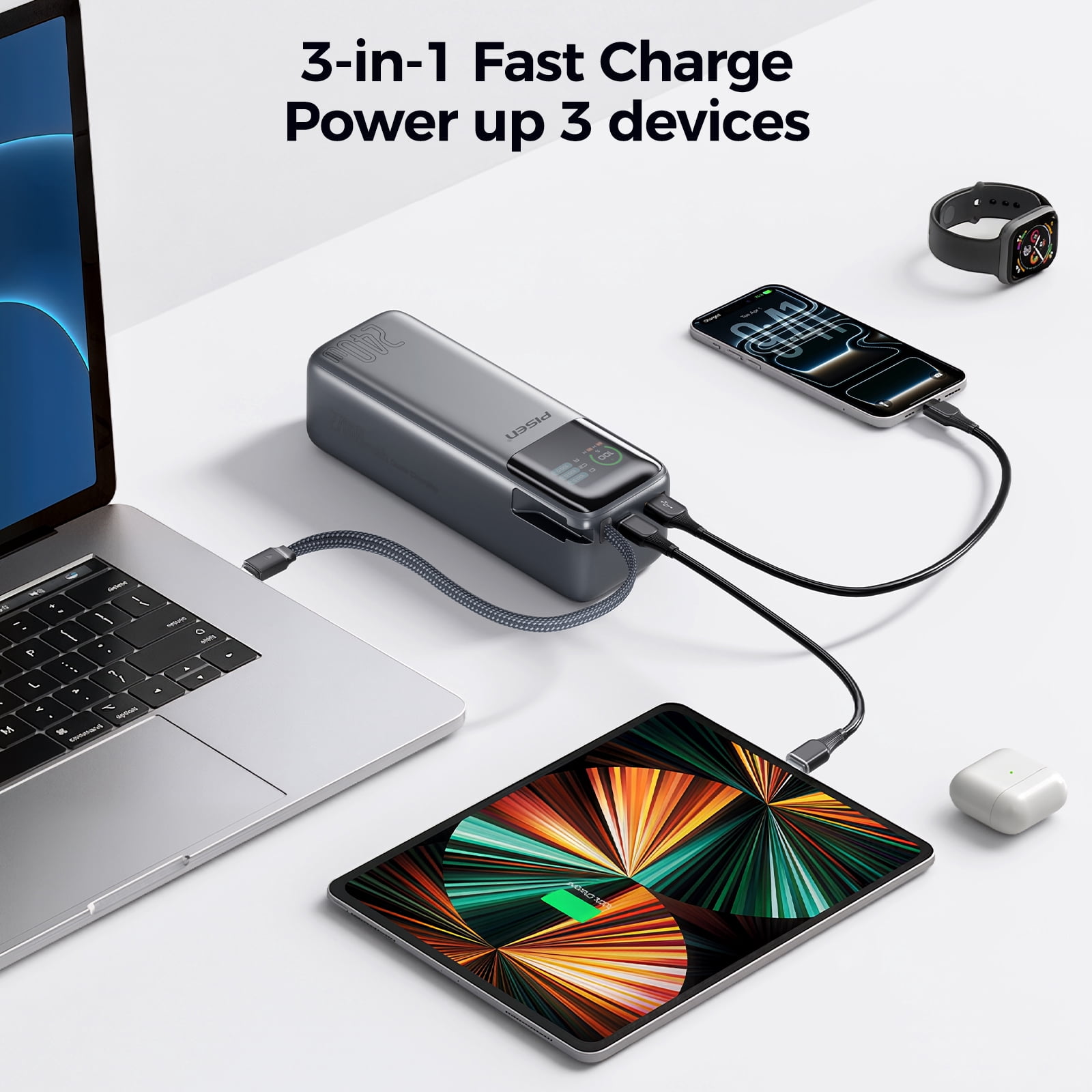 PISEN 3C Certified Power Bank, 27000mAh 240W Power Bank with Built in Cable, Travel Battery Pack Portable 3C Charger with LED Display, Portable Charger with Built in Cable for iPhone, Samsung and mor