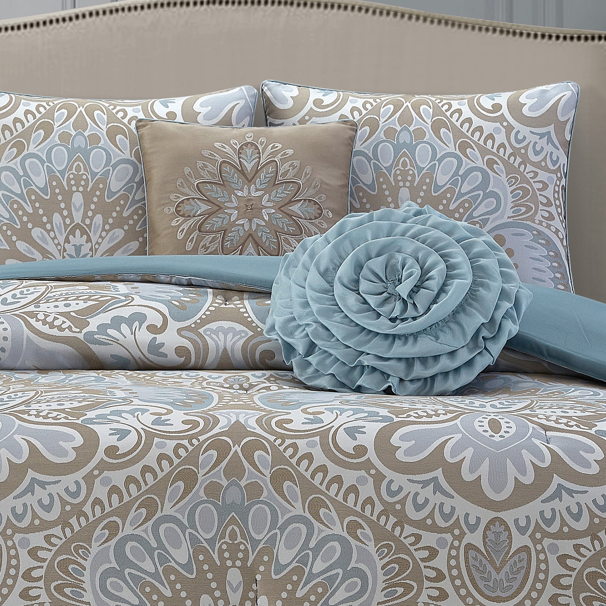 Lanco Blue Gold Queen Size Comforter Set , 6 Piece Floral Bedding Set , Pillow & Shams , Bedskirt , Soft Bedding Comforters & Sets