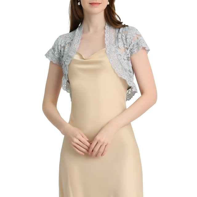 Cárdigan de encaje para mujer, elegante, de manga corta, con frente abierto, bolero corto de encaje con flores, top S en gris claro