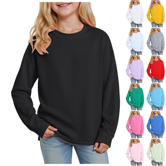 Ulanda Girls Oversized Long Sleeve Shirts Kids Fashion Crewneck Tunic Tops Curved Hem Tees 7-14 Years (Hot Pink, 14-15 Years)