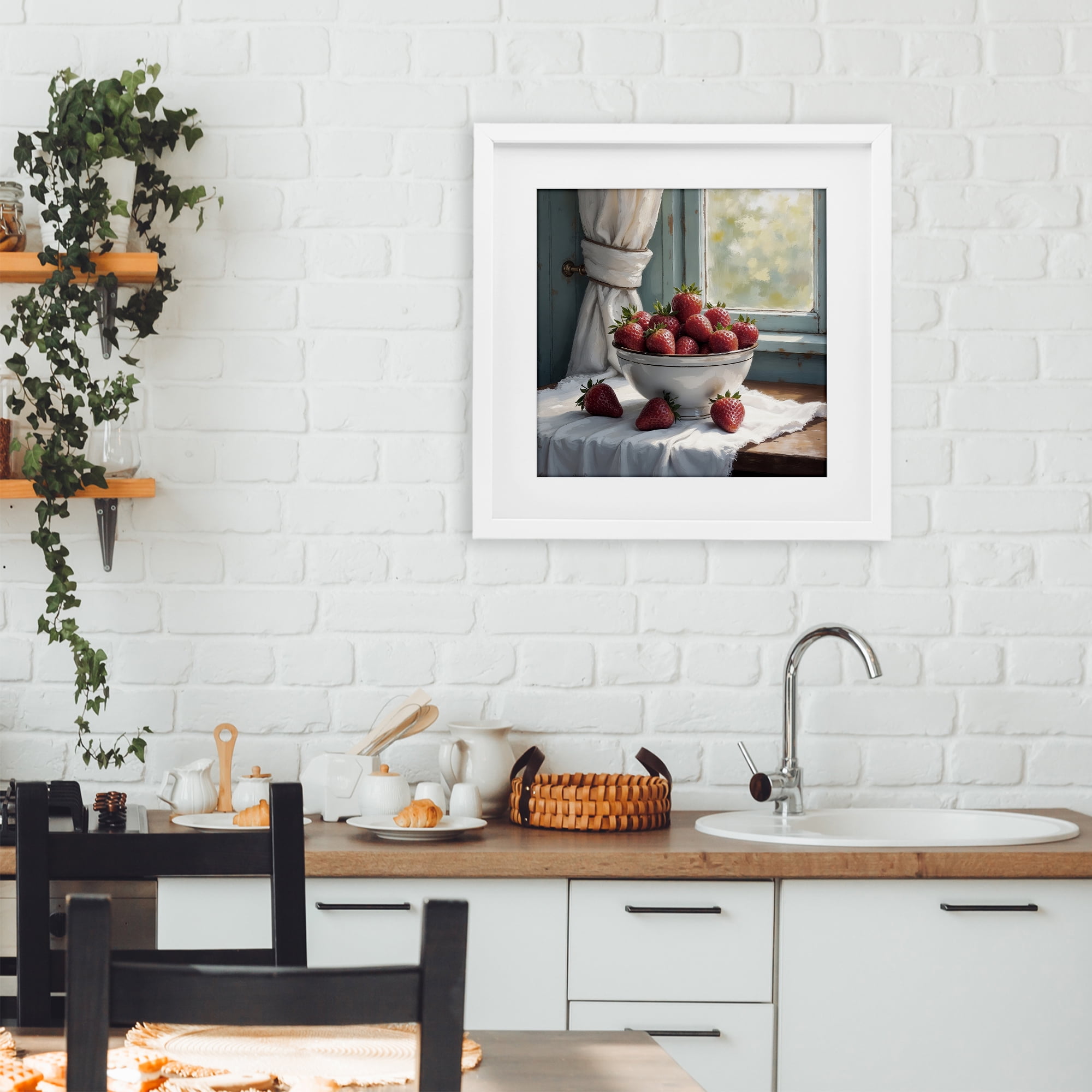 Strawberry Harvest in Window White Framed Print Under Glass, design by Lettered and Lined