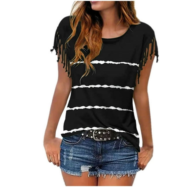Pompotops Pull à Manches Courtes et Col Rond T-Shirt Casual Femme