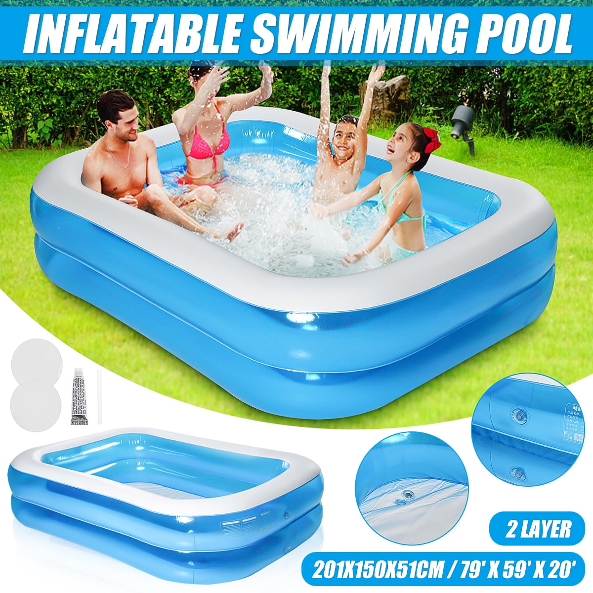 79" Large Inflatable Rectangular Family Garden Paddling Swimming Pool With Pump 