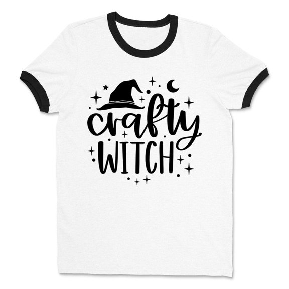 Crafty Witch Ringer Tee Shirt Unisex Large White/Black