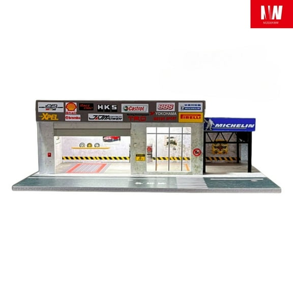 Diorama 1/64 Diecast Garage Model LED Lighting, City Repairs Workshop Scene Display Case, Car Parking Lot Display Model