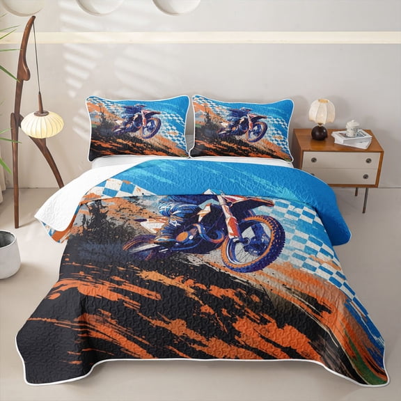 Castle Fairy Motocross Style Dirt Bike Twin Quilt Set for Boys,Checkered Flag Art Twin Coverlet Set,Orange Blue