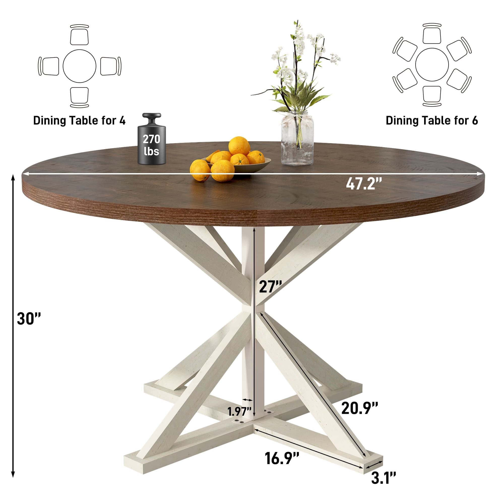 47" Round Dining Table for 4 to 6 People, Modern Farmhouse Kitchen Table with Thickened Waterproof Top, Sturdy X-Base Pedestal Table for Small Spaces, Dining Room, Rustic White
