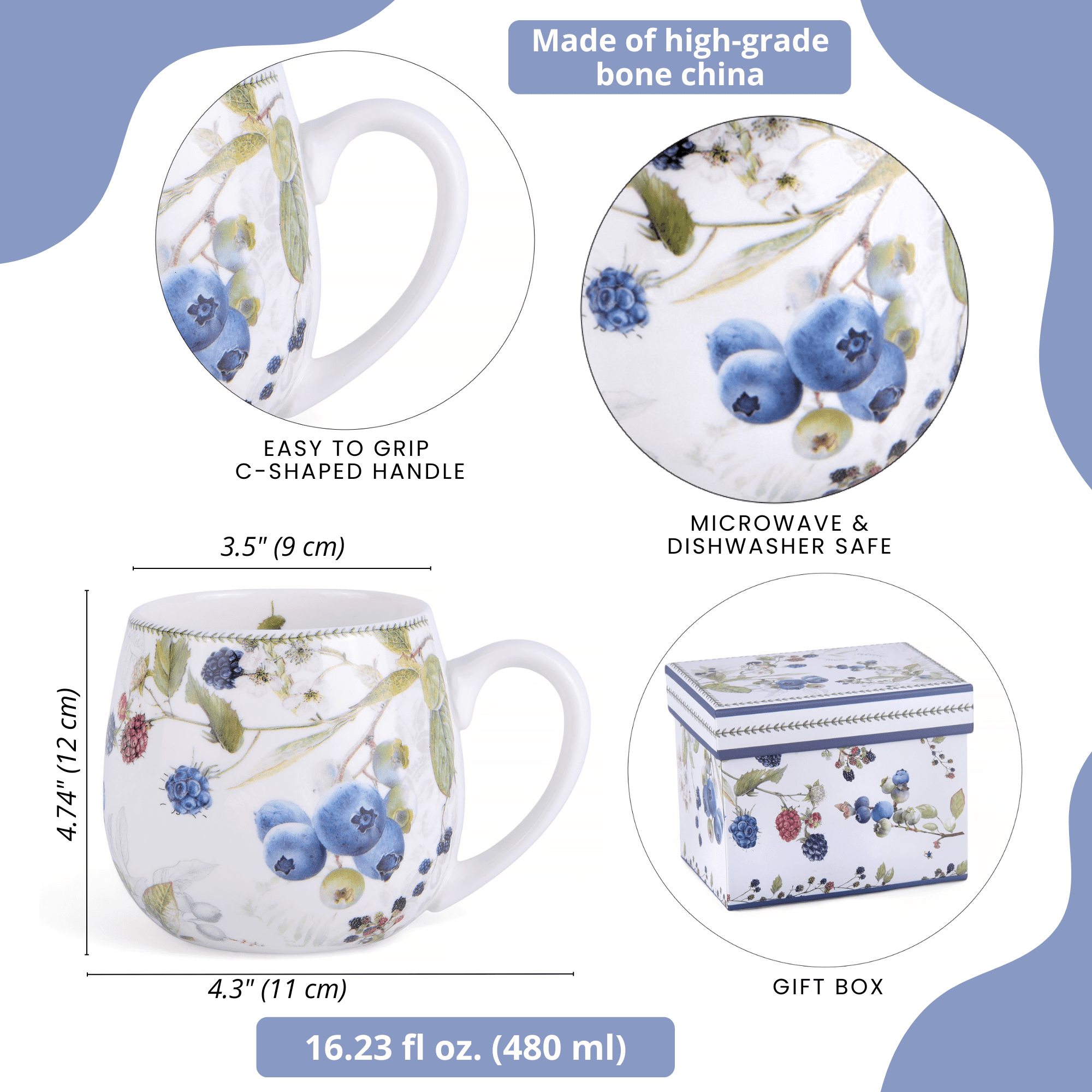 16 Oz Floral Coffee Mug STP GOODS Bone China Tea & Coffee Mug - 16.23 Fl Oz  (480 Ml), Floral Gnome Design, Belly Shape, Dishwasher & Microwave Safe -  Gift Box Bone China Mug