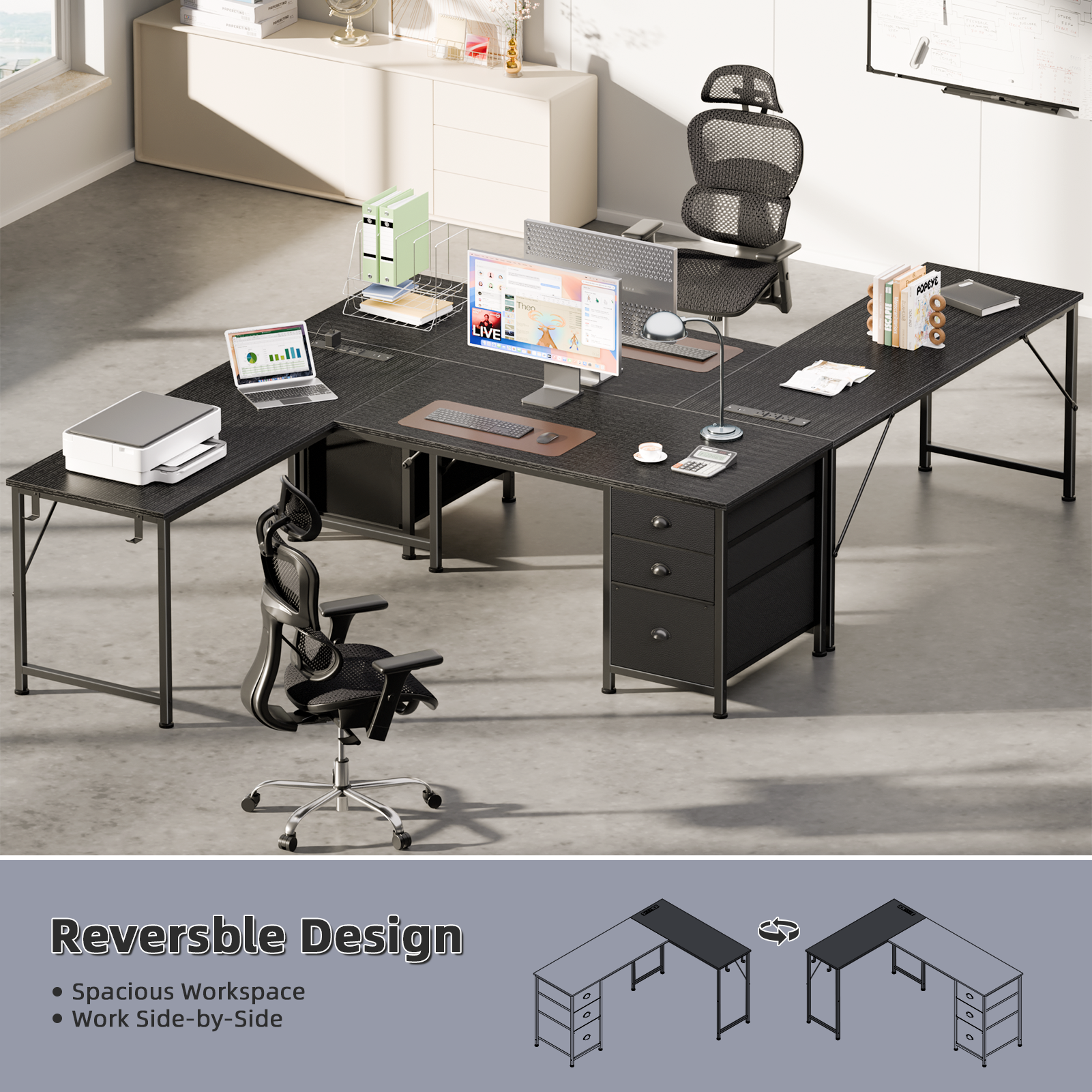 Satifur 63 Inch L-Shaped Corner Computer Desk, Black photo 2