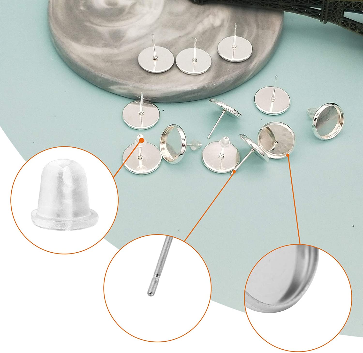 Blank Stud Earring Bezel Silver,200Pcs Stud Earring Kit Includes 100Pcs Cup Post Earrings and 100Pcs Rubber Earring Backs for DIY Jewelry Findings,Earring Making Supplies - image 4 of 5
