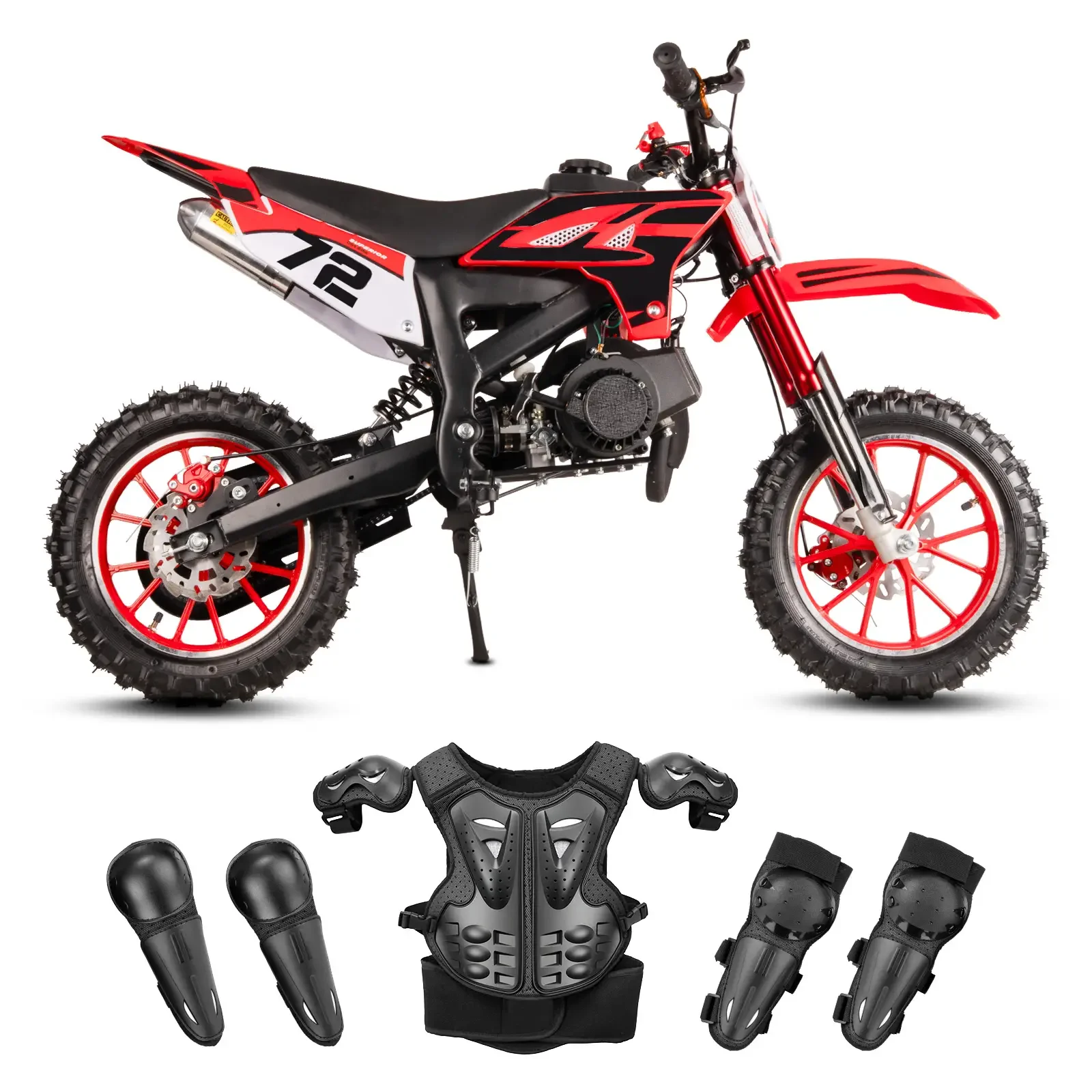 49cc 2-Stroke Gas Dirt Bike for Kids 8+, Mini Gas Powered Dirt Bike with Front & Rear Suspension, Disc Brakes, Adjustable Speed Control, Kill Switch, Pull Start, 28 MPH, Red