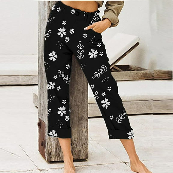 Aloohaidyvio 2024 Summer Pants Plus Size,Women's Printing Straight Leg All-Match Casual Pants 7-Point Pants Plus Size