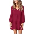 thumbnail image 2 of WNEGSTG Women's Babydoll Dresses Casual V-Neck Flutter Long Sleeve Dress Dating Party Mini Dress Red, 2 of 7