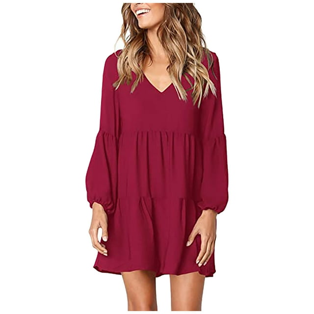 Prolriy Robe à Manches Longues pour Femmes, Robes pour Femmes Col en V Soirée Robe Maxi Robes pour Femmes Rouge TG