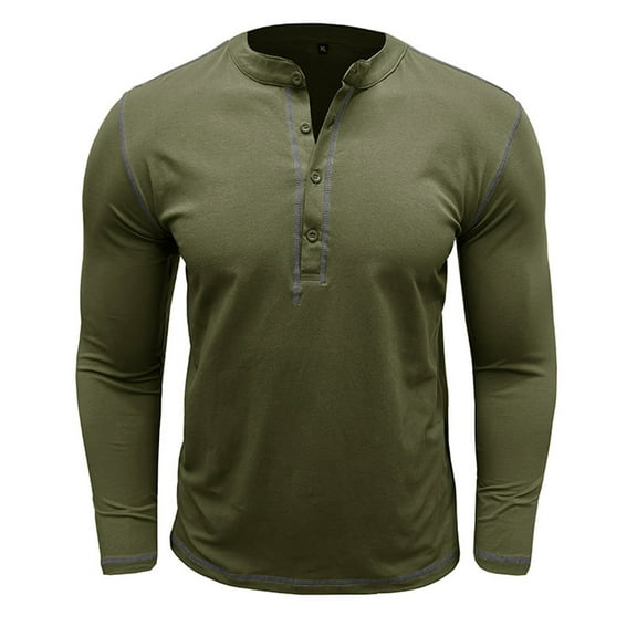 Mens Henley Tops Long Sleeve Buttoned Crew Neck Pullover Shirt Fashion Fall Solid Color Loose Basic Tshirt (Army Green M)