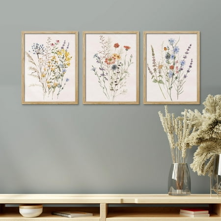 PixonSign Framed Canvas Print Wall Art Set - Multicolor Wildflowers Poster Art - Set of 3 Watercolor Nature Wilderness Floral Botanical Vintage Wall Décor for Living Room - 11"x14" Natural