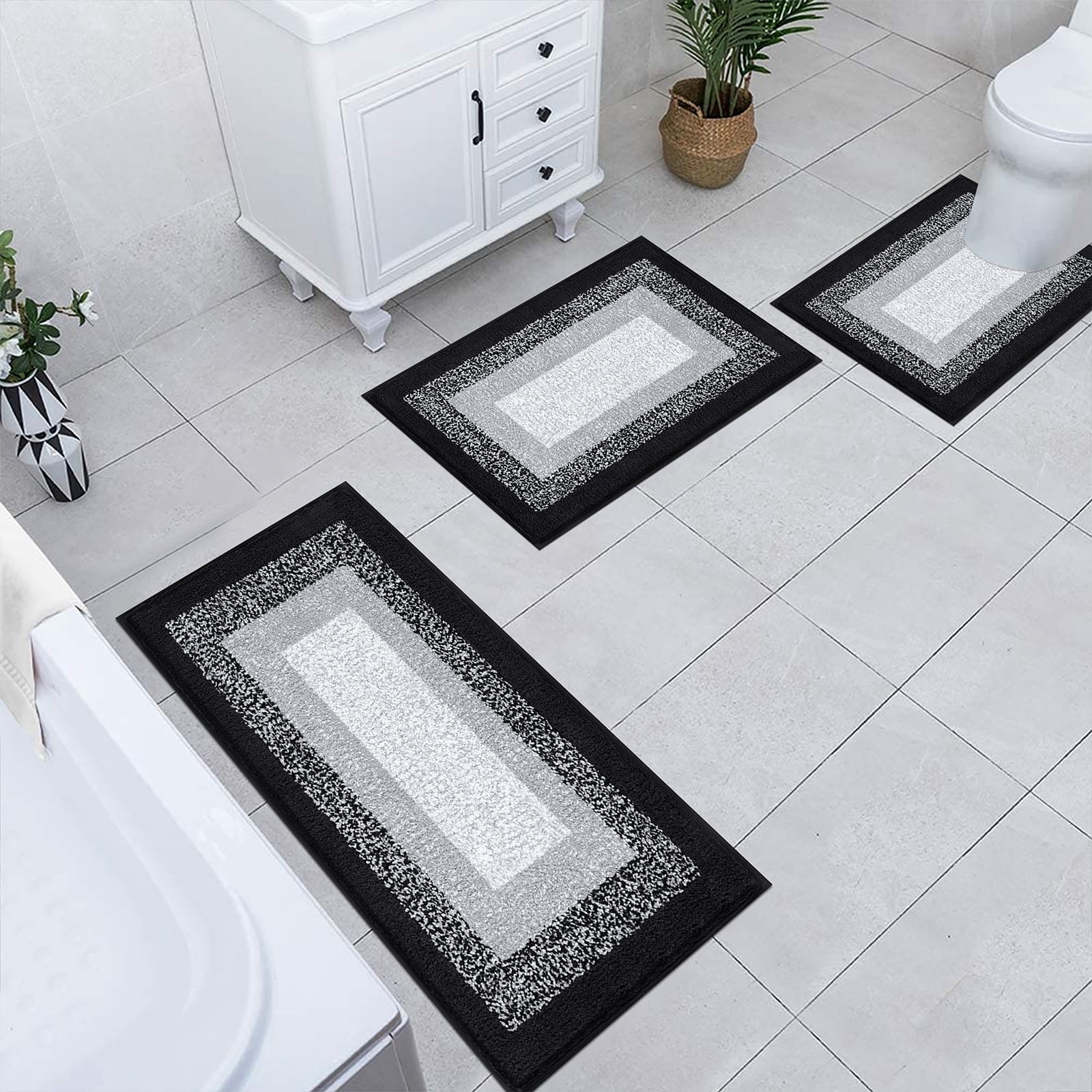 Ileading 3 Piece Bath Rug Set Microfiber Washable Non Slip Bathroom Rug and Mat Set, Black