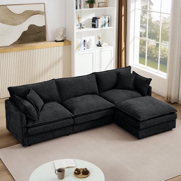 Cloud-Like Modular Chenille 3-Seat Sectional Sofa with Movable Ottoman – Customizable L-Shaped/U-Shaped Seating for Living Rooms,Black