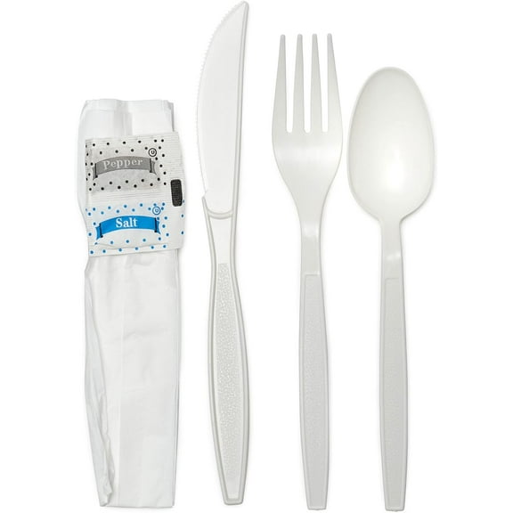 Disposable Individually Wrapped White Plastic Cutlery Kit - Heavy Duty Fork Spoon Knife Napkin Salt Pepper Set - 6 in 1 Meal Kit, Plastic Silverware, Utensil Set To Go, Catering Restaurants (250)