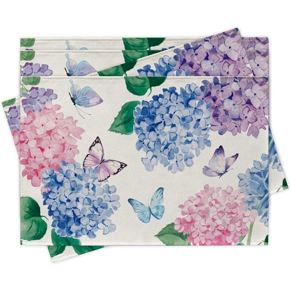 Hydrangea Placemats Set of 4, Pink Blue Purple Flower Butterfly Dining Place Mats Table Decor, Seasonal Floral Home Kitchen Decoration 12 x 18 Inch