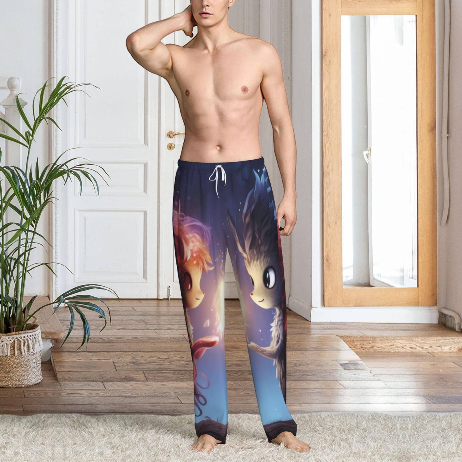 Gukieu Dreamy Forest Elf Print Men's Home Trousers, Elastic Drawstring Home Pajamas Clothing Suitable for Adult Men-Small