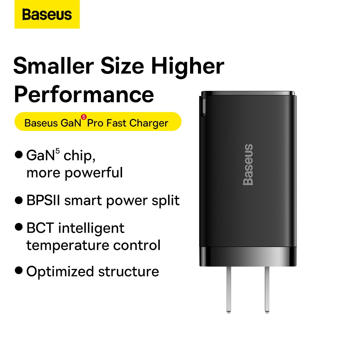 Baseus 65W Power Adapter, USB C Fast Charging Adaptor with USBC Plug, Black