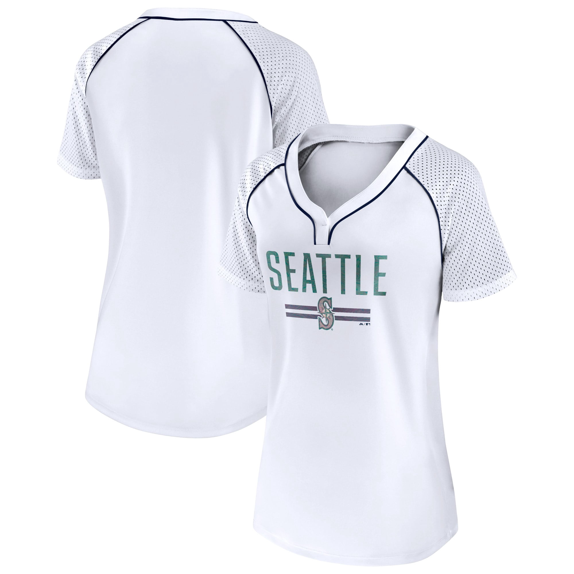 Women's Fanatics White Seattle Mariners Play Calling Raglan V-Neck T-Shirt