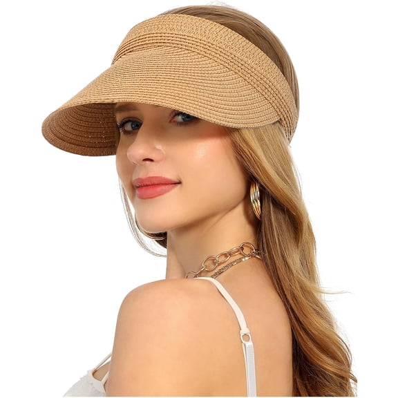 Wide Brim Straw Visor for Women Sun Hat UV Protection Packable Beach Cap for Summer UPF 50