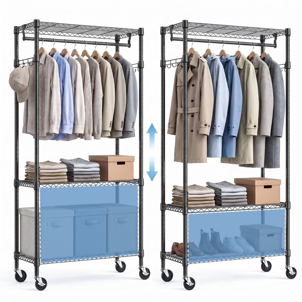 Heavy Duty Rolling Garment Rack, 3-Tier Adjustable Wire Shelving Clothes Rack with Hanging Rod, Side Hooks & Lockable Wheels, Black