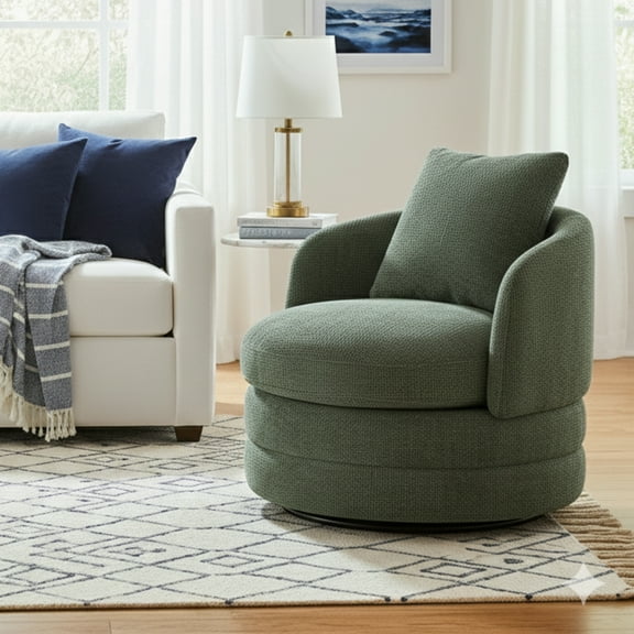GOMYHOME 30" Modern Boucle Swivel Accent Chair, Round Barrel Armchair for Living Room, Oliva Green