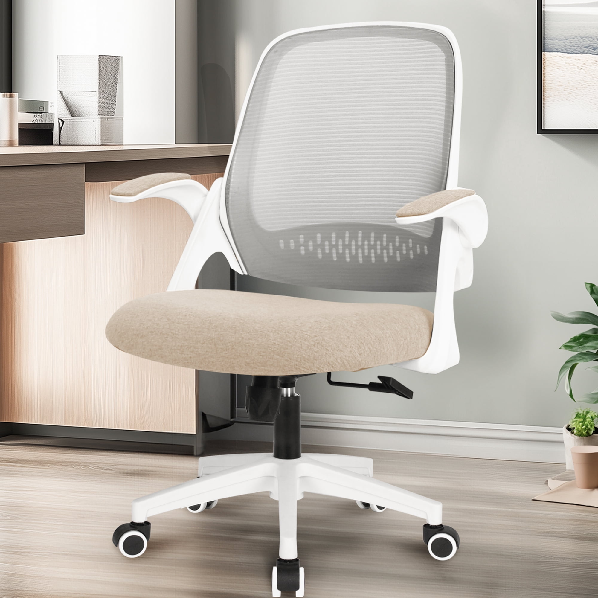 CELTOSS Ergonomic Office Chair, Flip-Up Arms, Adjustable Lumbar Support, Beige