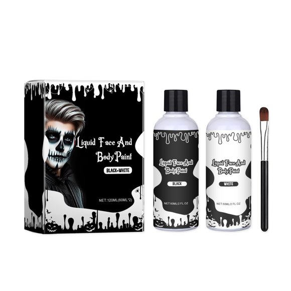 HHBEAUTY White and Black Face Body Paint Liquid Texture Washable Non Toxic Facepaint Fast Drying Foundation Makeup for Halloween Clown Skeleton Skull SFX Party Large Capacity