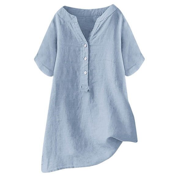 TYGHBN Loose Fit Solid Color Linen Casual Short Sleeve Button Top for Women Tops Womens Summer Tops for Women Short Sleeve Wide Stripe Shirt Womens Long Sleeve Tees Women Solid Tee Athletic Women